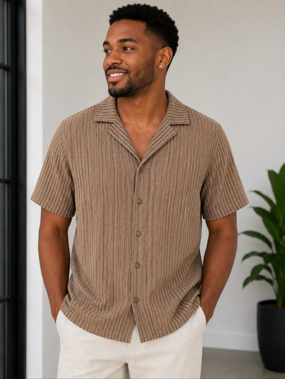 Winward Men's Tan Brown Striped Short Sleeve Camp Shirt Size Medium